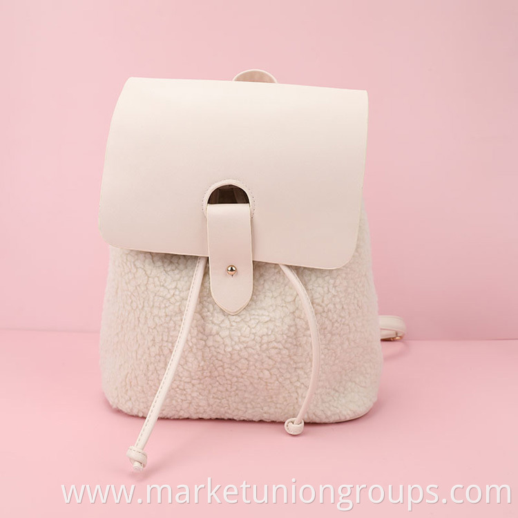 White Cute Custom Color Logo Sherpa Lamb Wool PU Winter Backpack Lady Girl Tote Bag